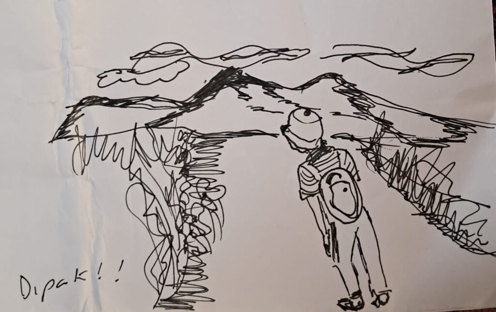 sketch by Amelia Eloisa - Mexico: Dipak guiding/leading in the mountain